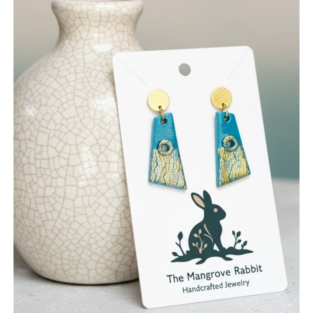 Handmade Teal & Metallic Gold Foil Polymer Clay Statement Dangle Earrings